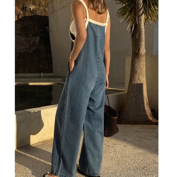 Dark Wash Pockets Straight leg Denim Jeans Bib Overalls - Picture 6 of 6